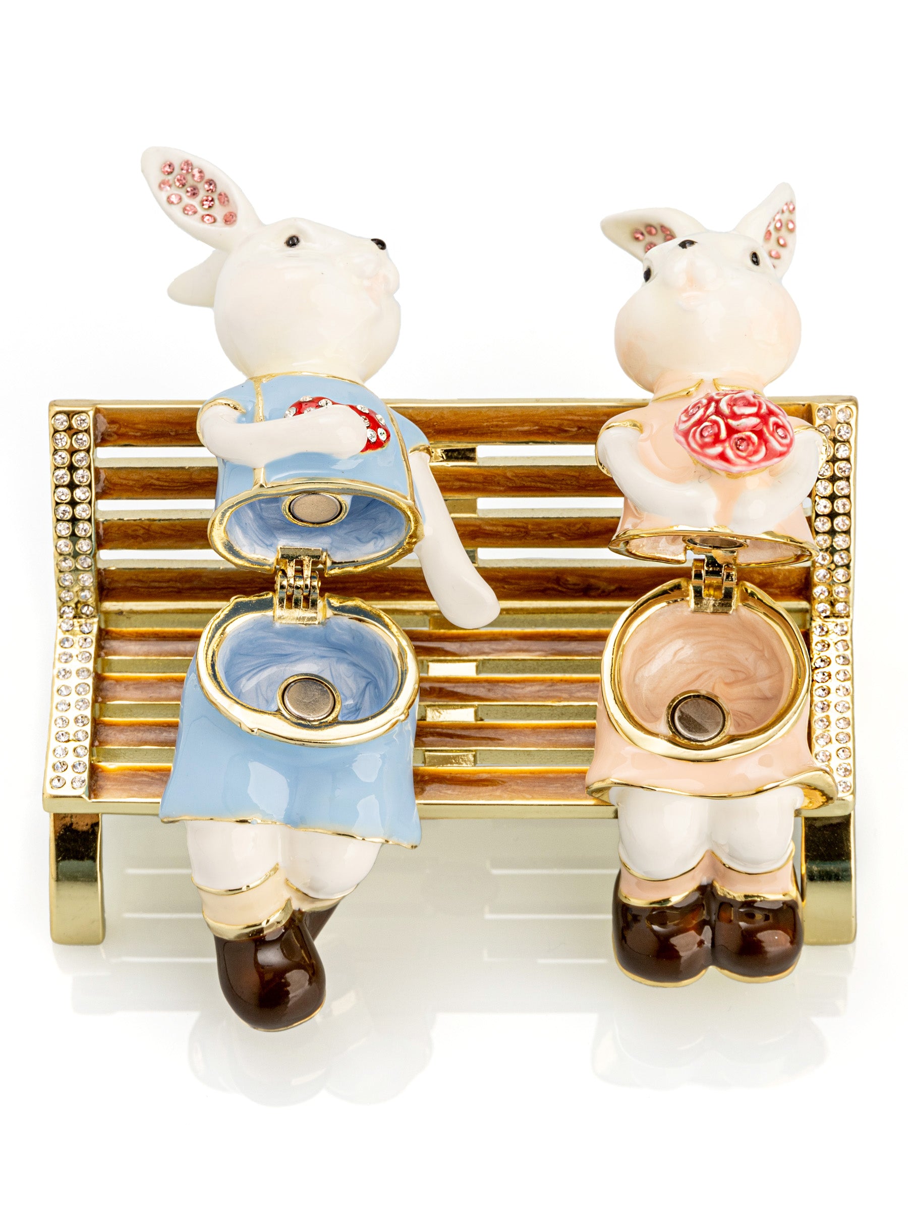 Keren Kopal 2 bunnies in love sitting on a bench, valentine flowers and chocolates