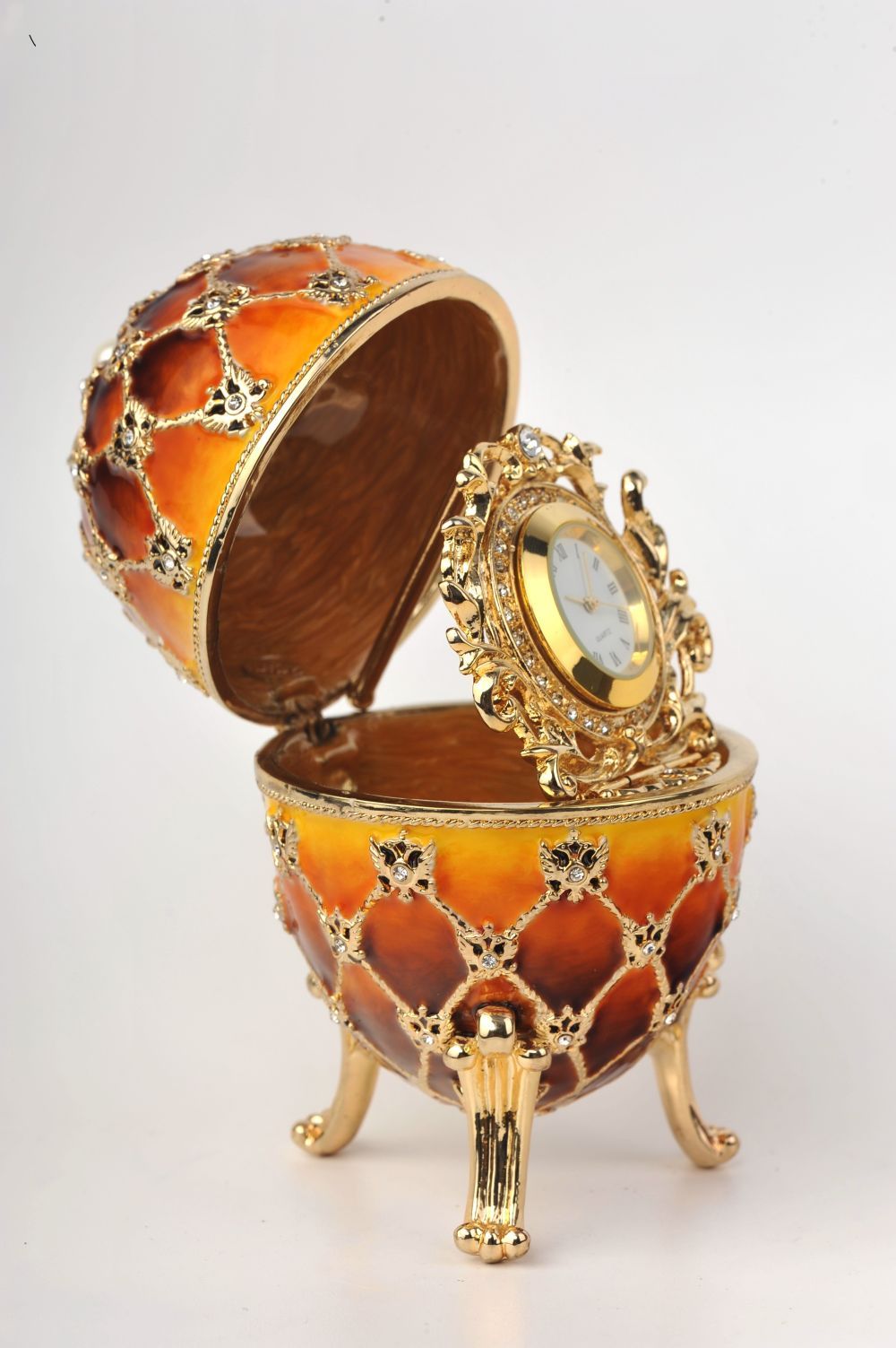 Keren Kopal Orange and Yellow Faberge Egg with a Gold Clock