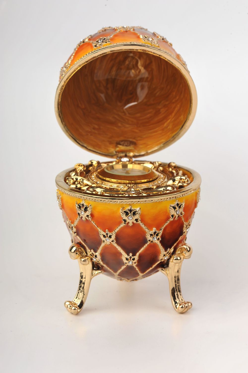 Keren Kopal Orange and Yellow Faberge Egg with a Gold Clock