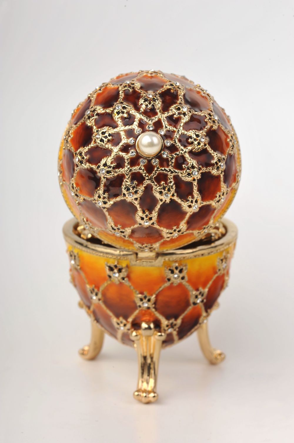 Keren Kopal Orange and Yellow Faberge Egg with a Gold Clock