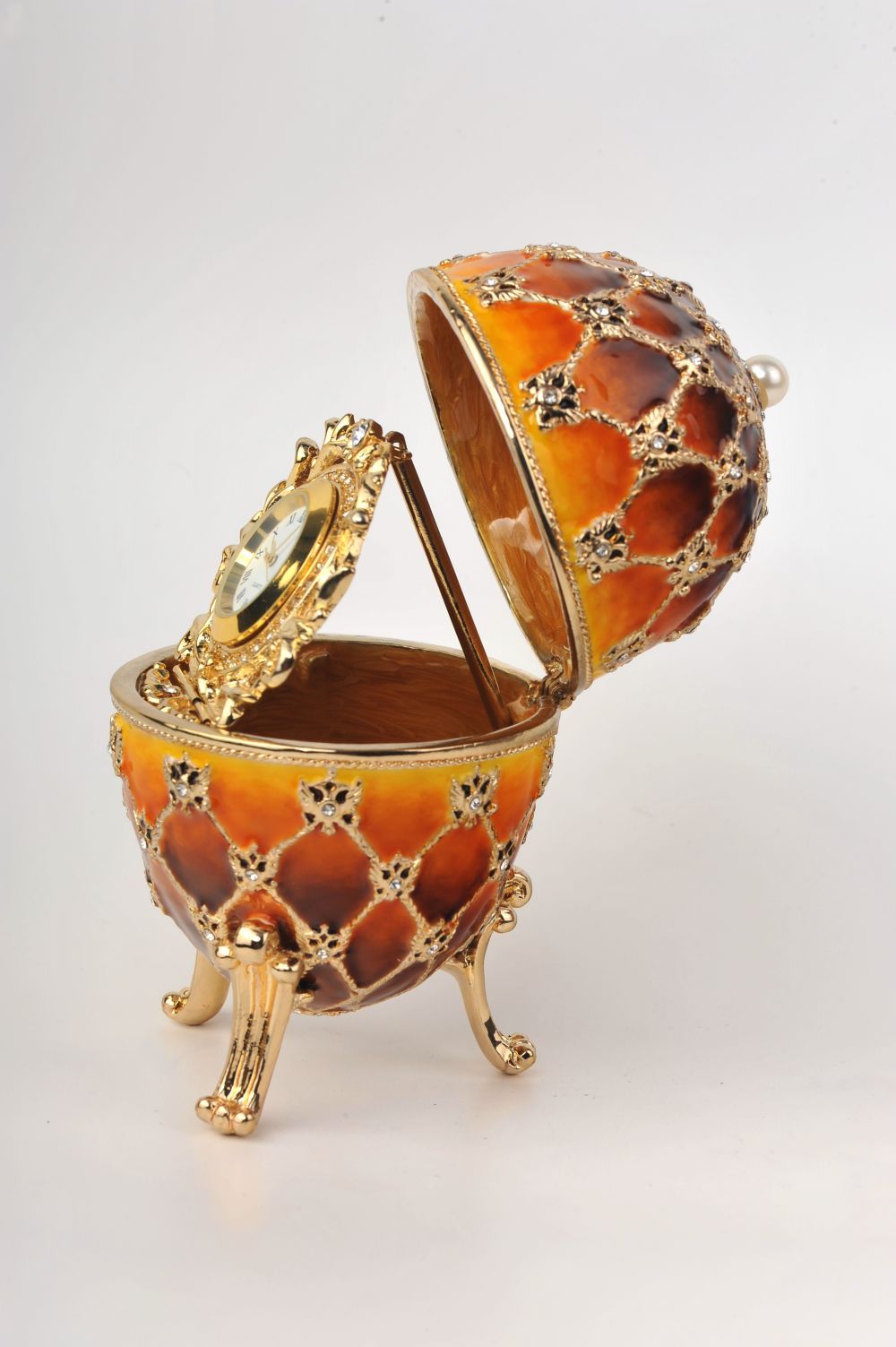 Keren Kopal Orange and Yellow Faberge Egg with a Gold Clock