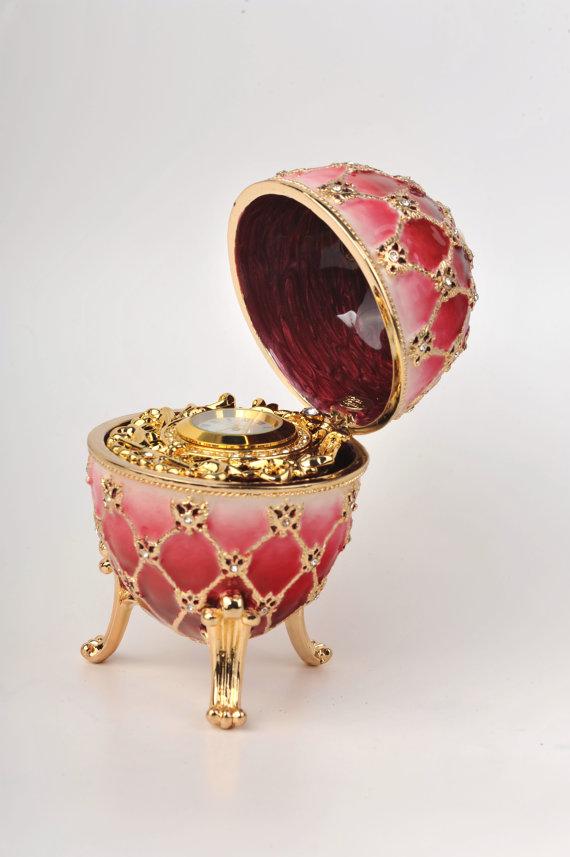 Keren Kopal Red Faberge Egg with Gold Clock Inside