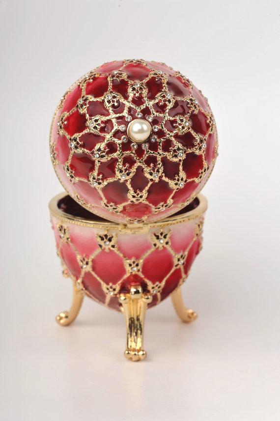 Keren Kopal Red Faberge Egg with Gold Clock Inside