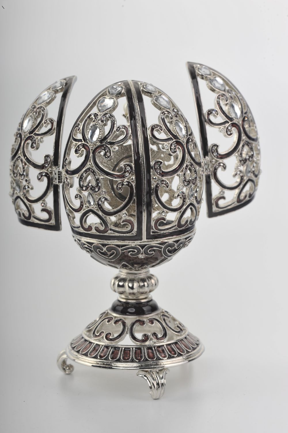 Keren Kopal Silver & Black Faberge Style Egg with a Clock Inside