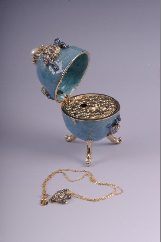 Keren Kopal Turtles Faberge Egg Trinket Box with a Surprise Turtle Pendant