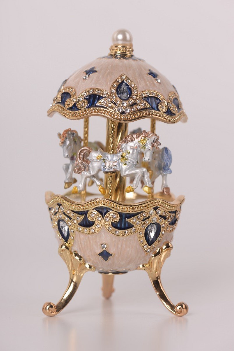 Keren Kopal White Faberge Egg with Horse Carousel