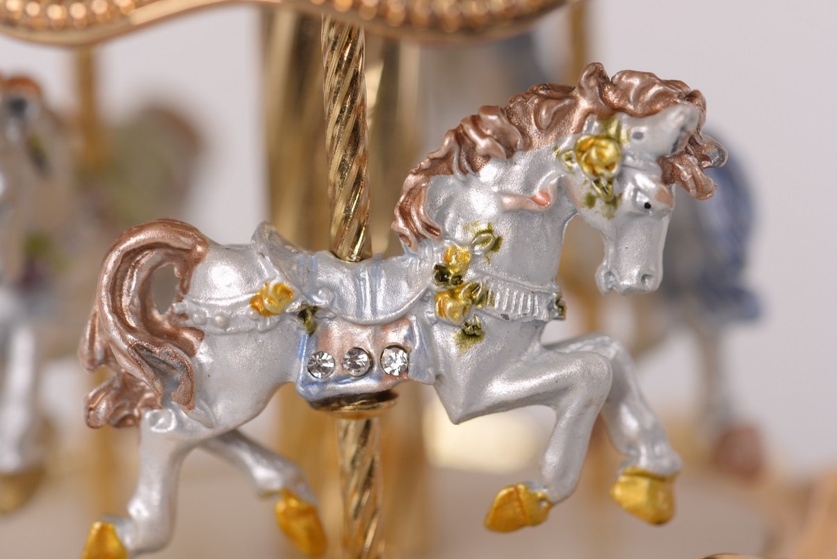 Keren Kopal White Faberge Egg with Horse Carousel
