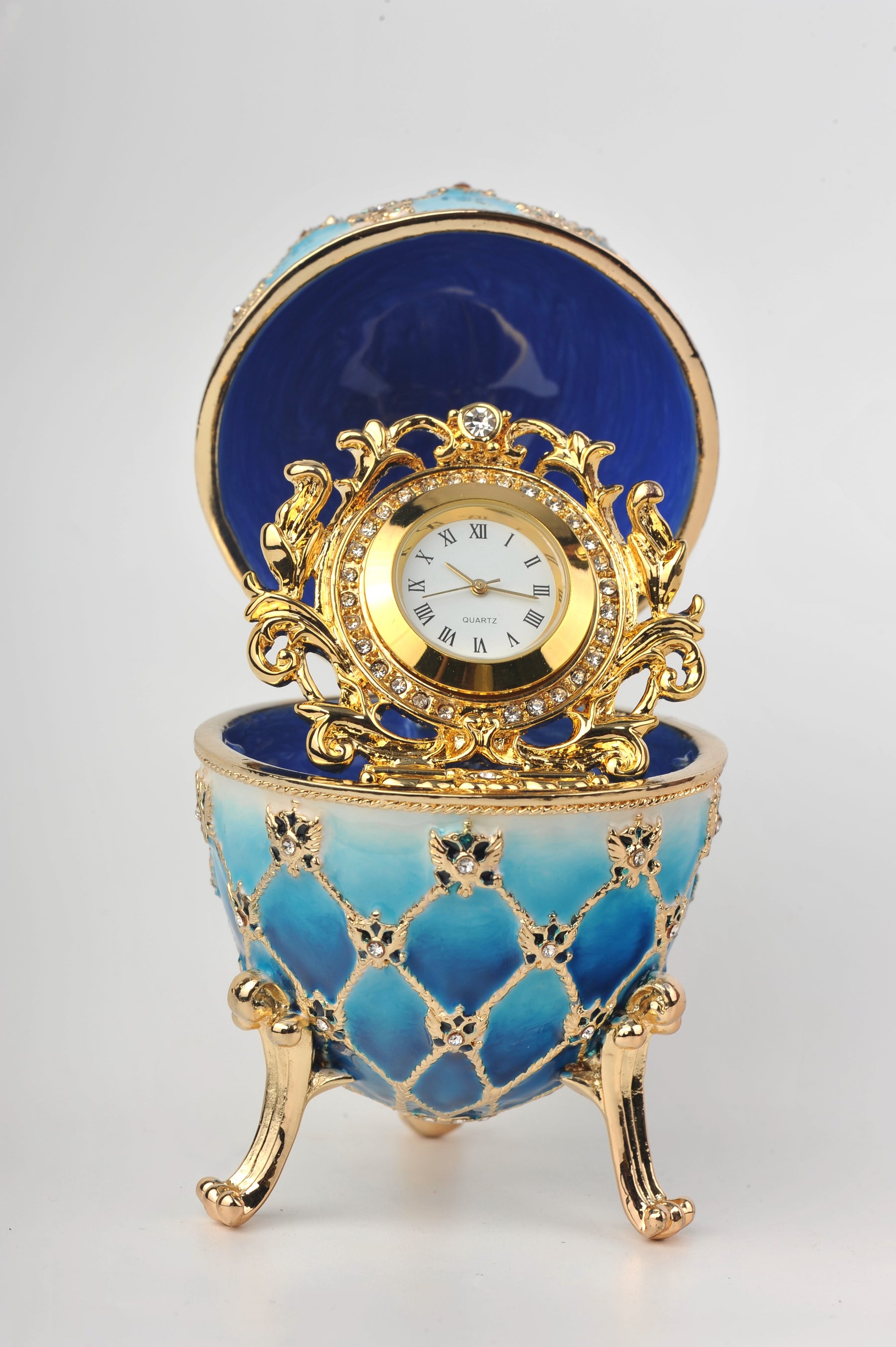 Keren Kopal Blue Faberge Egg with Gold Clock