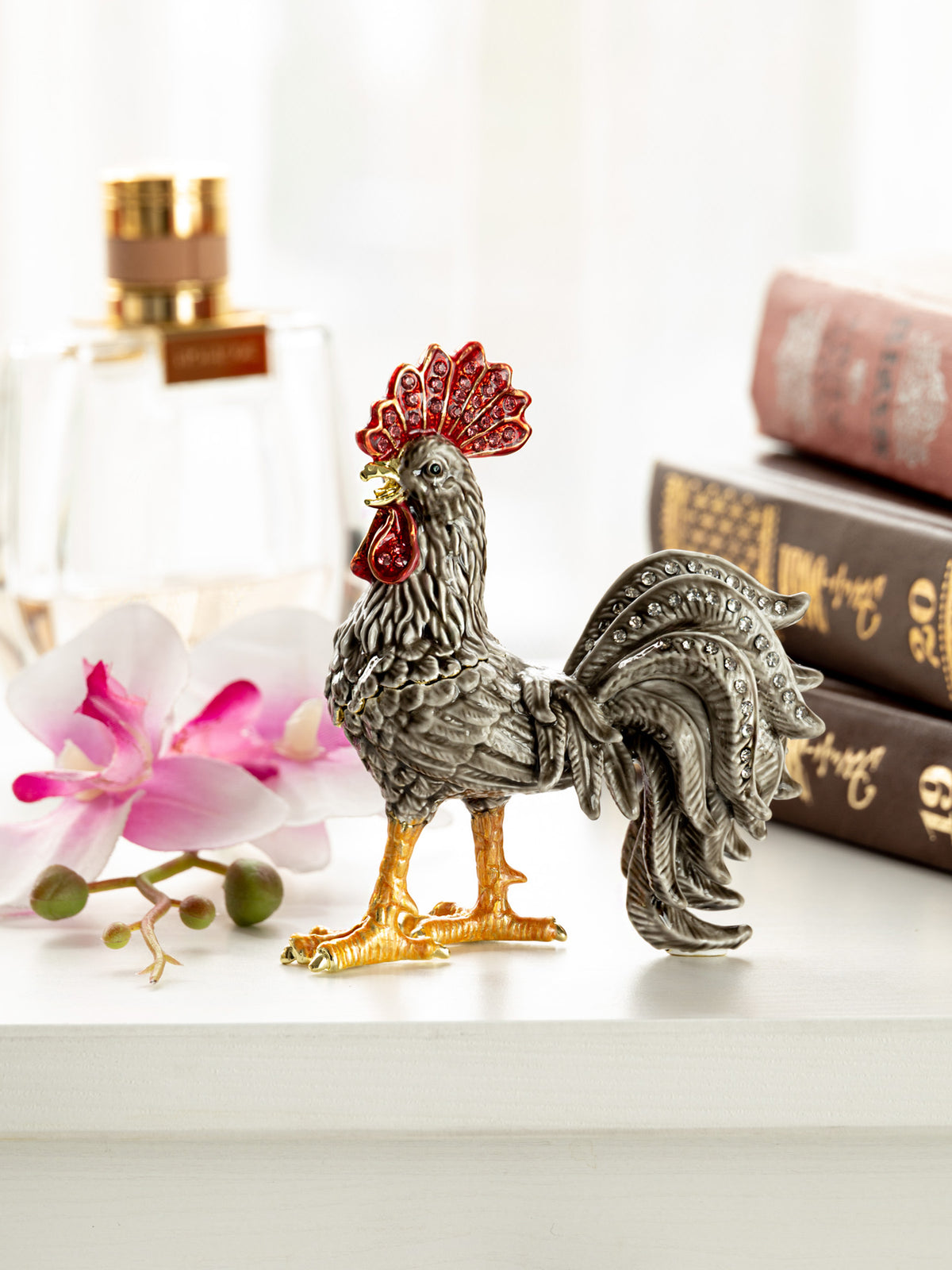 Gray Rooster Jewelry Trinket Box