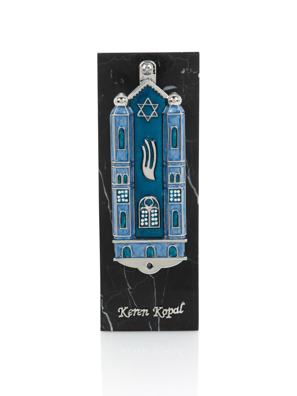 Blue Holy Ark style Mezuzah