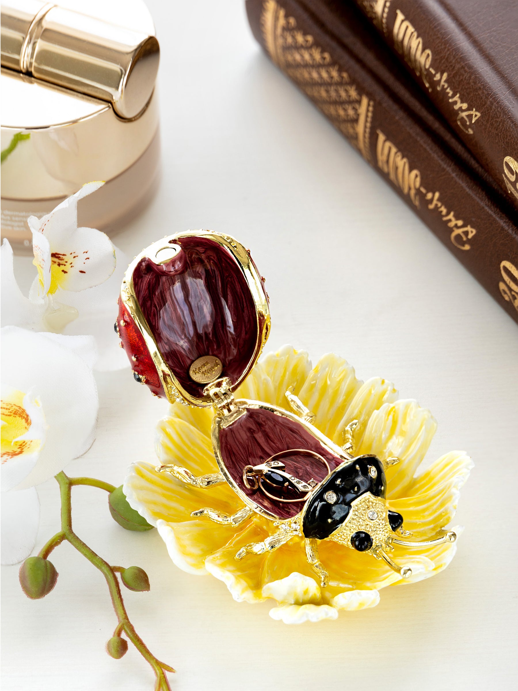 Keren Kopal Ladybug on Flower Jeweled Trinket Box