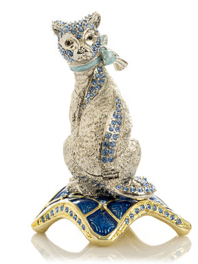 Keren Kopal Elegant Silver Cat Trinket Box with Blue Crystals