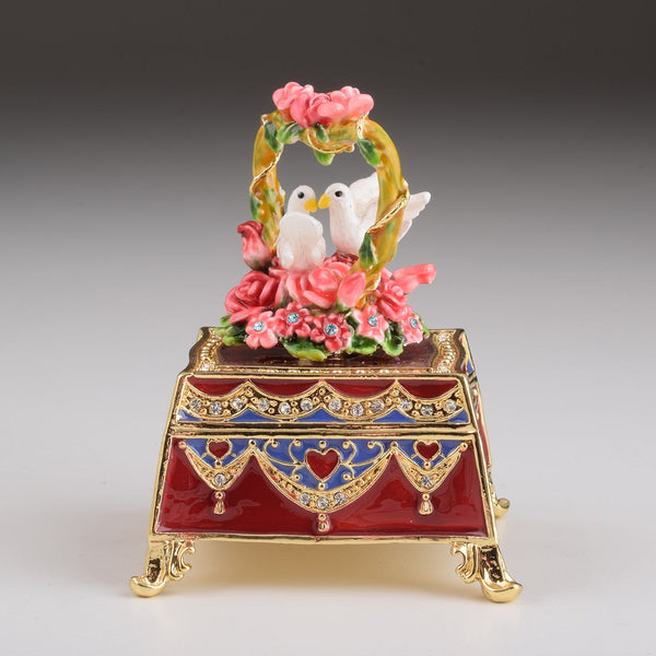 Red Decorated Box with Roses and Two White Doves