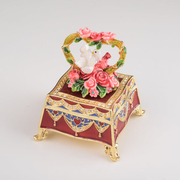 Red Decorated Box with Roses and Two White Doves