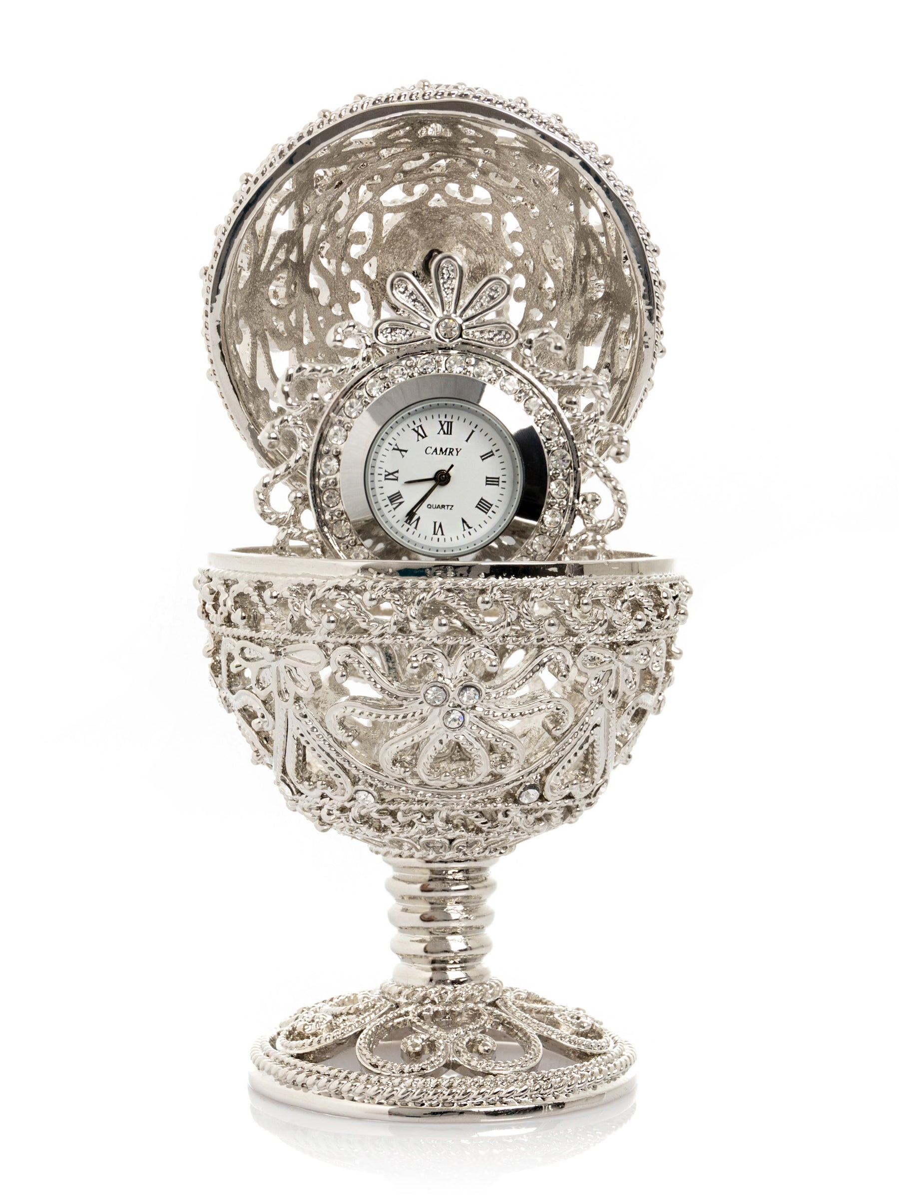 Keren Kopal Silver Faberge Egg with Clock Inside