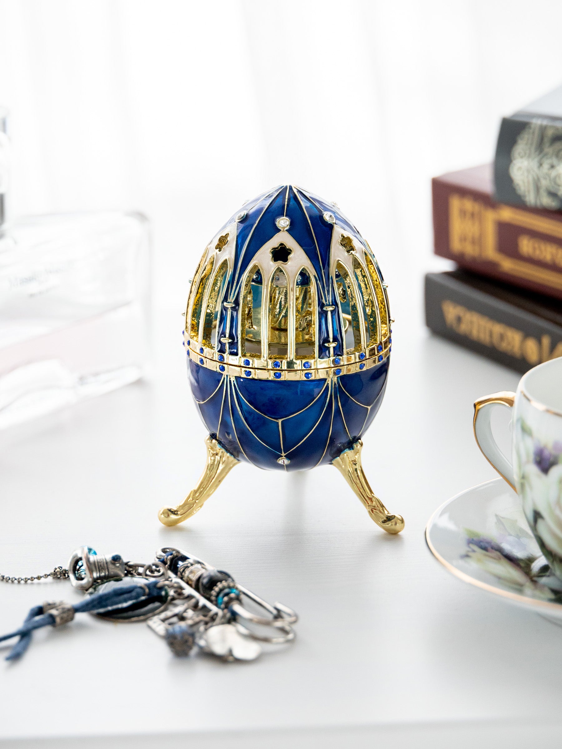 Blue and Gold Faberge Egg with Horse Carousel Surprise Inside