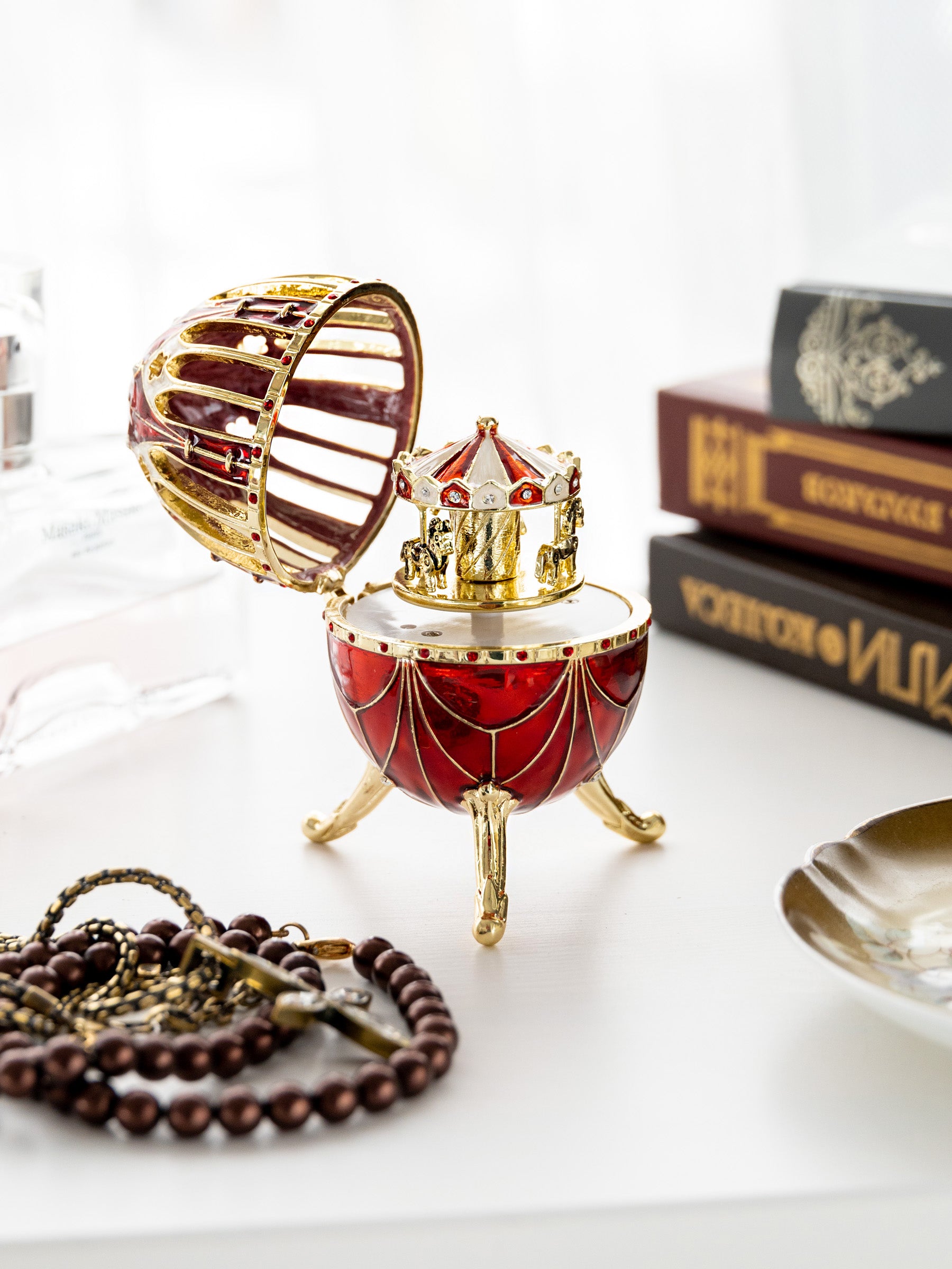 Red Faberge Egg with Horse Carousel Surprise Inside