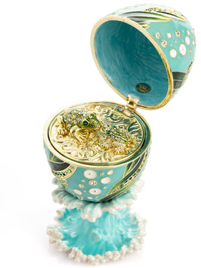 Turquoise Faberge Egg with 2 Frogs Surprise Inside