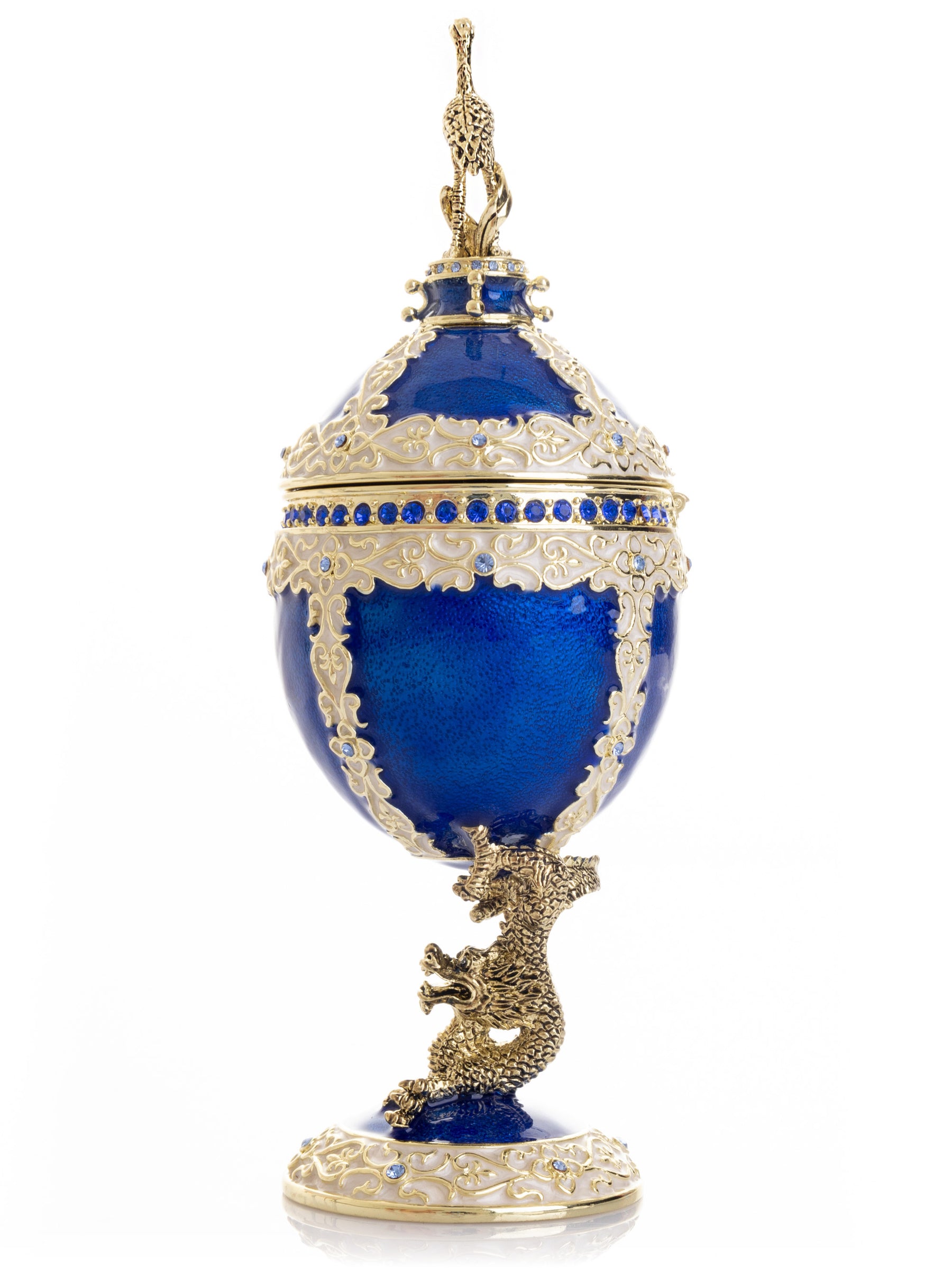 Keren Kopal Luxurious Blue-Gold Egg with Clock with Dragon Pedestal and Bird Ornament