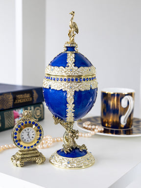 Luxurious Blue-Gold Egg with Clock with Dragon Pedestal and Bird Ornament