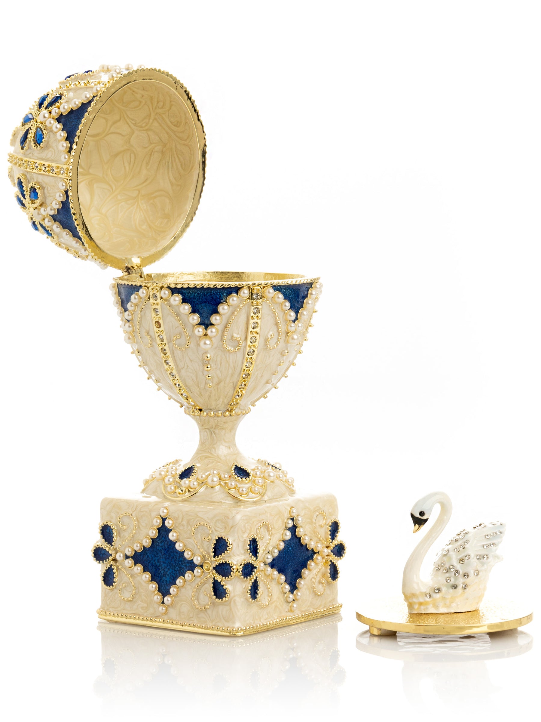 Keren Kopal Pearl Beige Faberge Egg with Swan Hidden compartment