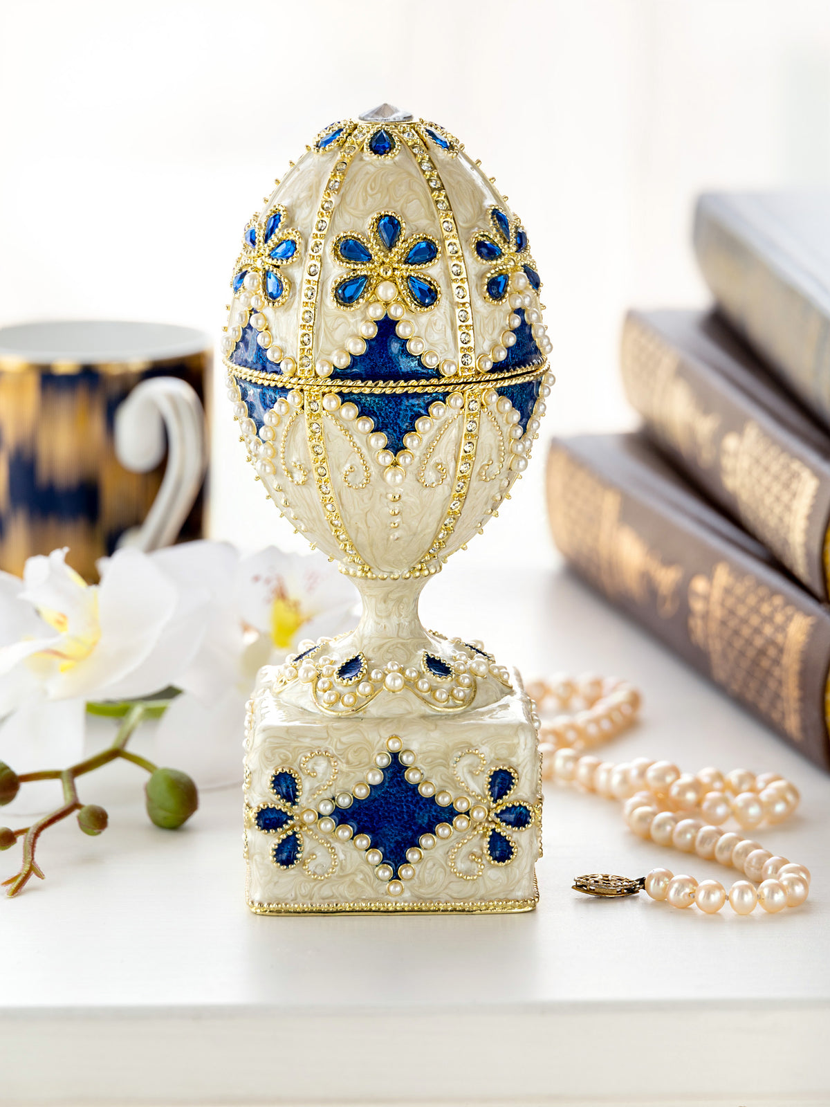 Keren Kopal Pearl Beige Faberge Egg with Swan Hidden compartment