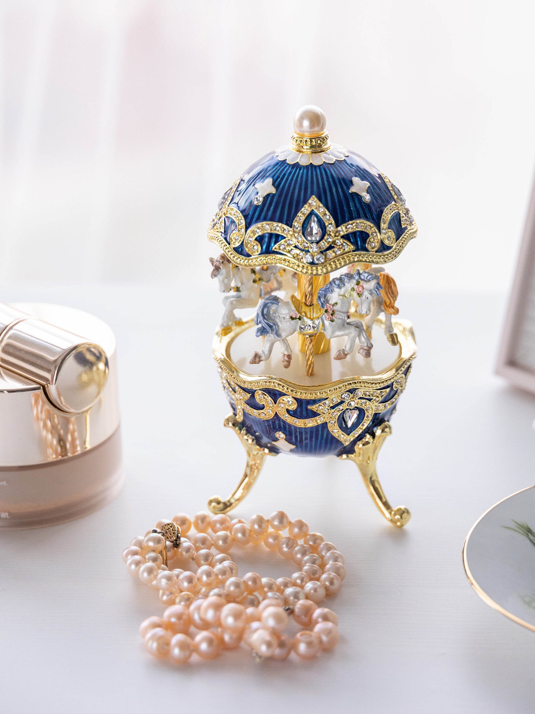 Blue Wind up Horse Carousel Faberge Egg