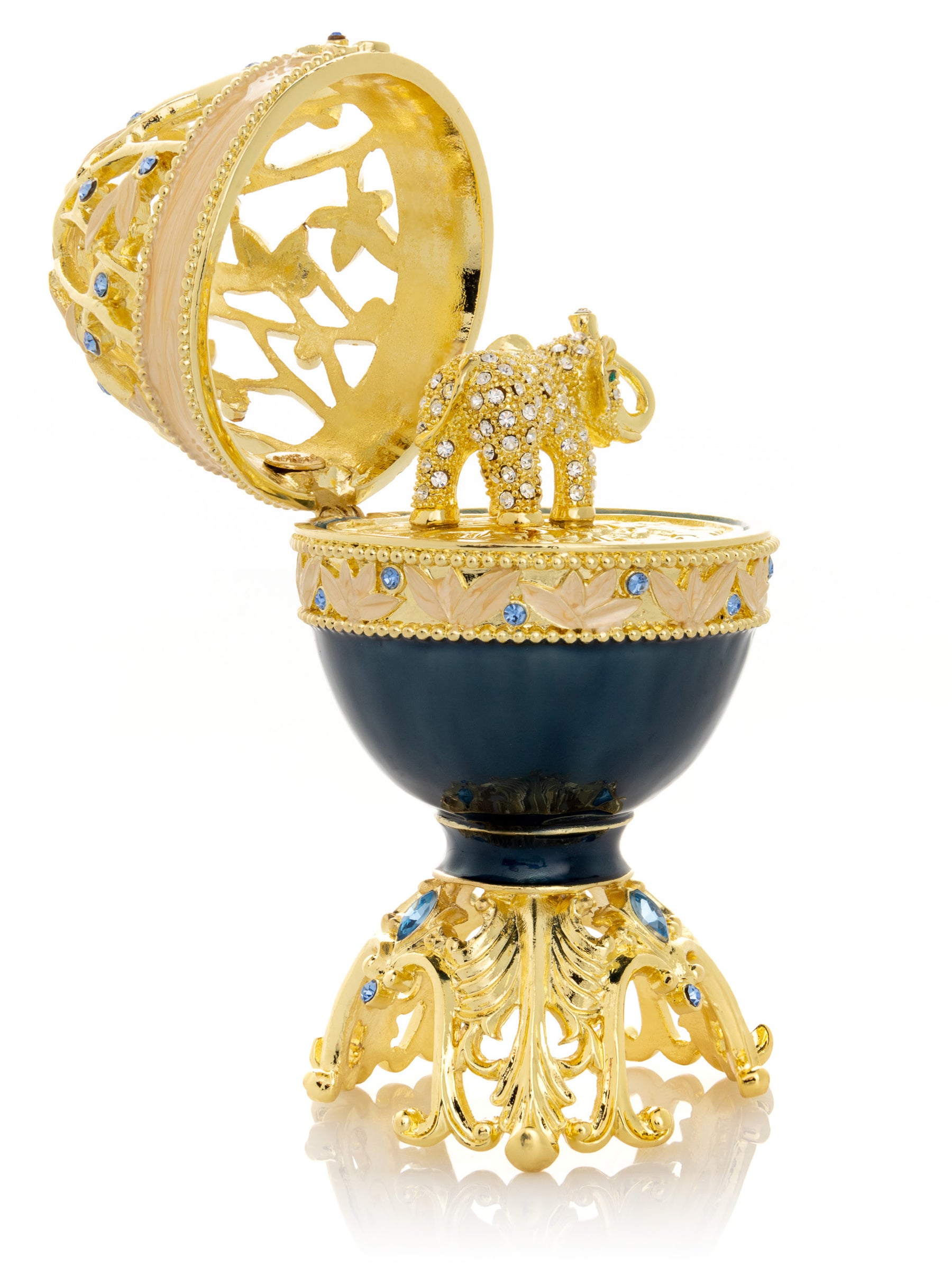 Golden Blue Faberge Egg with a Golden Elephant