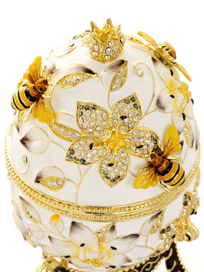 White Faberge Egg with Bees and Flowers