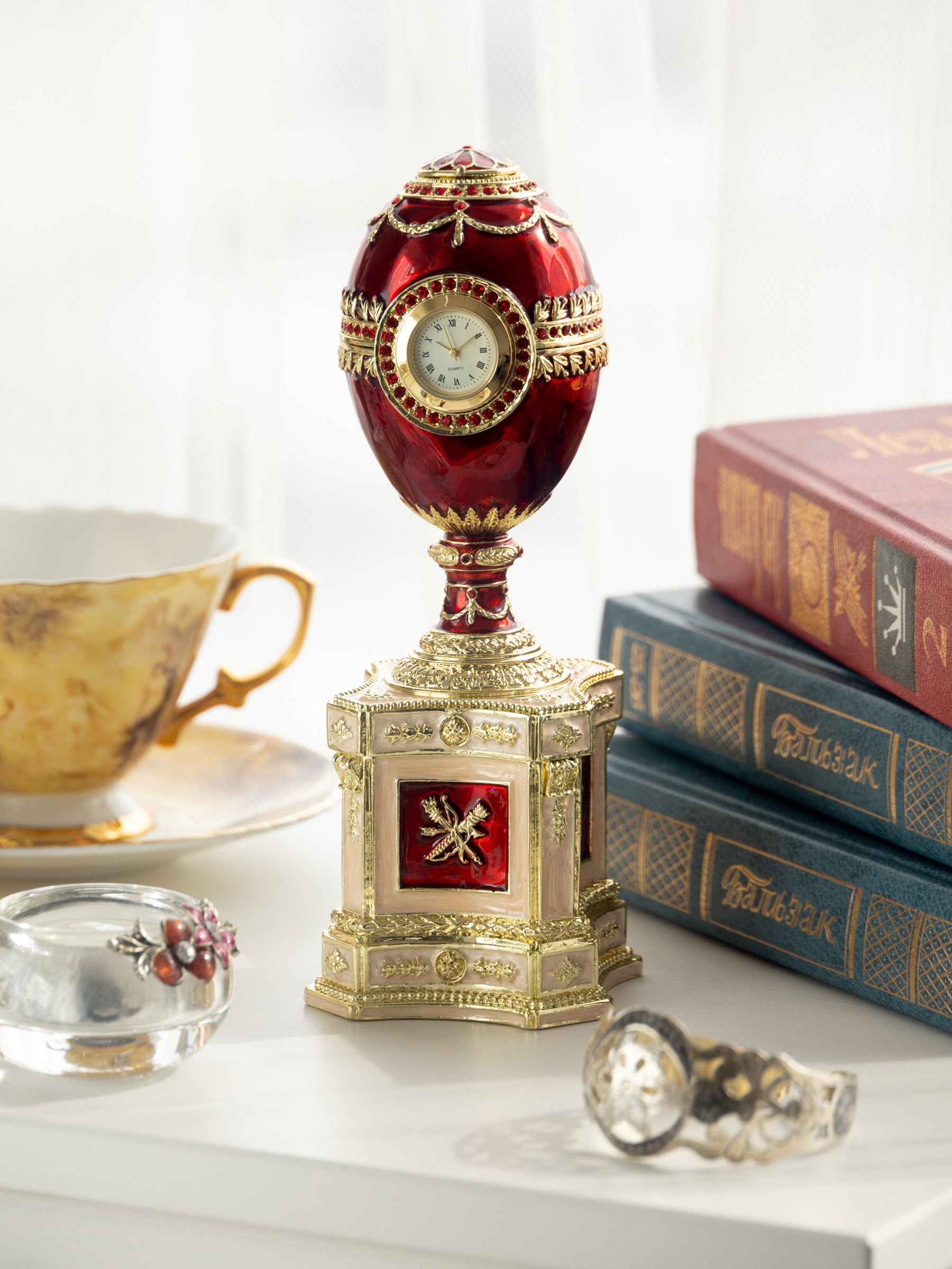 Keren Kopal Red Faberge Egg with a Pearl and a Clock