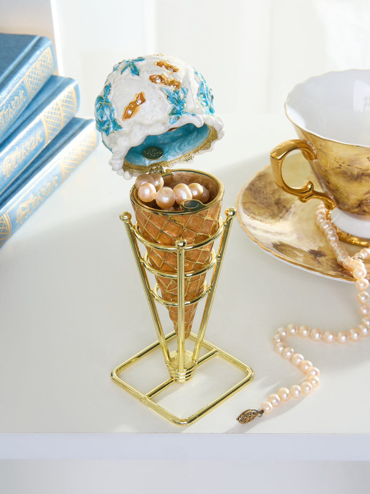 Blue Rose Chintz Ice Cream Cone Trinket Box