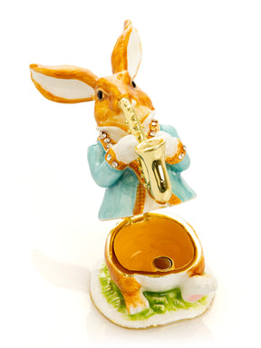 Rabbit playing the saxophone trinket box