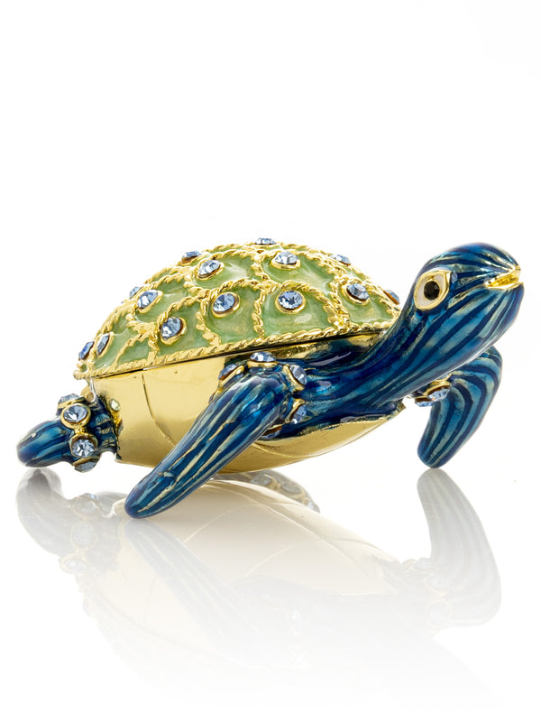 Golden Shell Blue Turtle Trinket Box