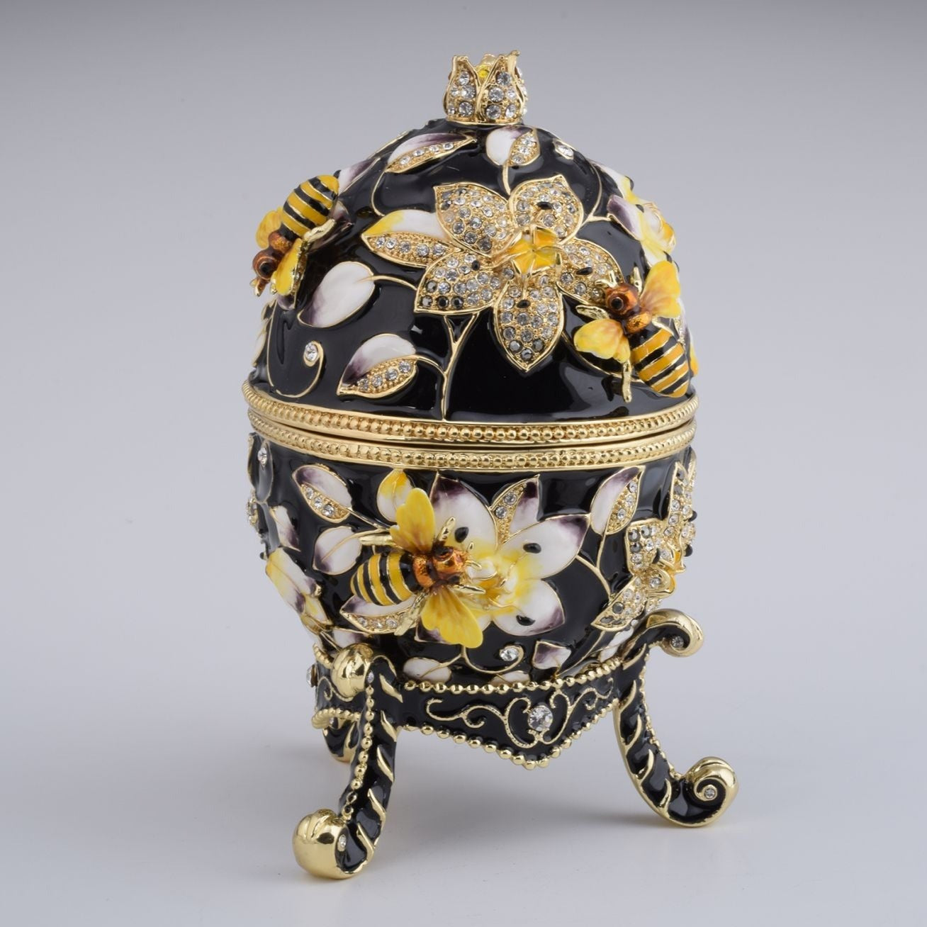 Black Faberge Egg Decorated with Bees and Flowers