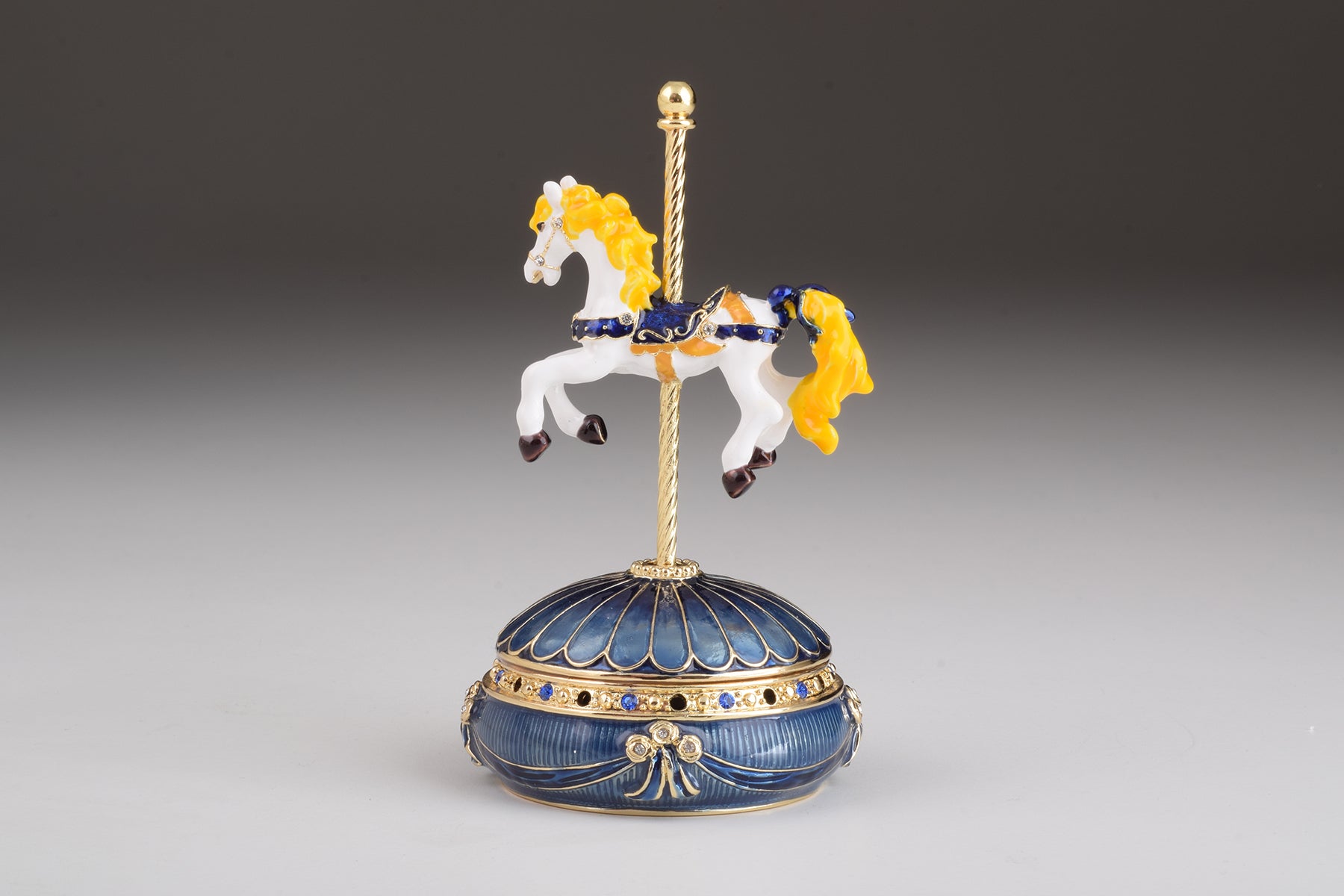 Blue Wind up Carousel with Royal White Horse