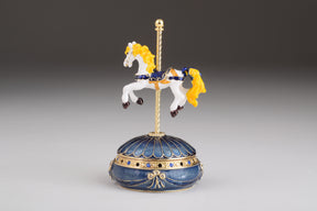 Blue Wind up Carousel with Royal White Horse