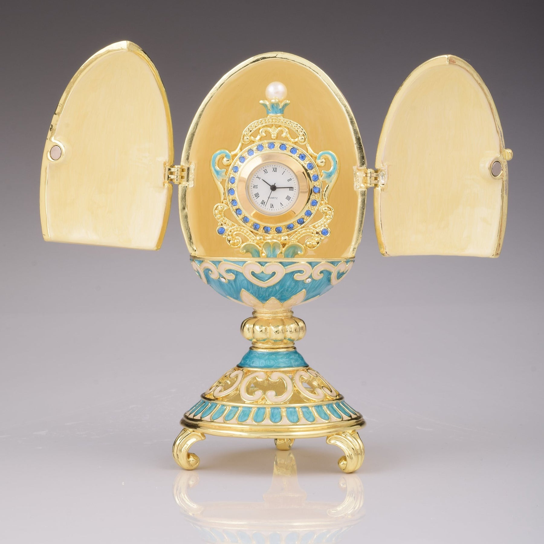 Teal Faberge Egg with Clock Inside