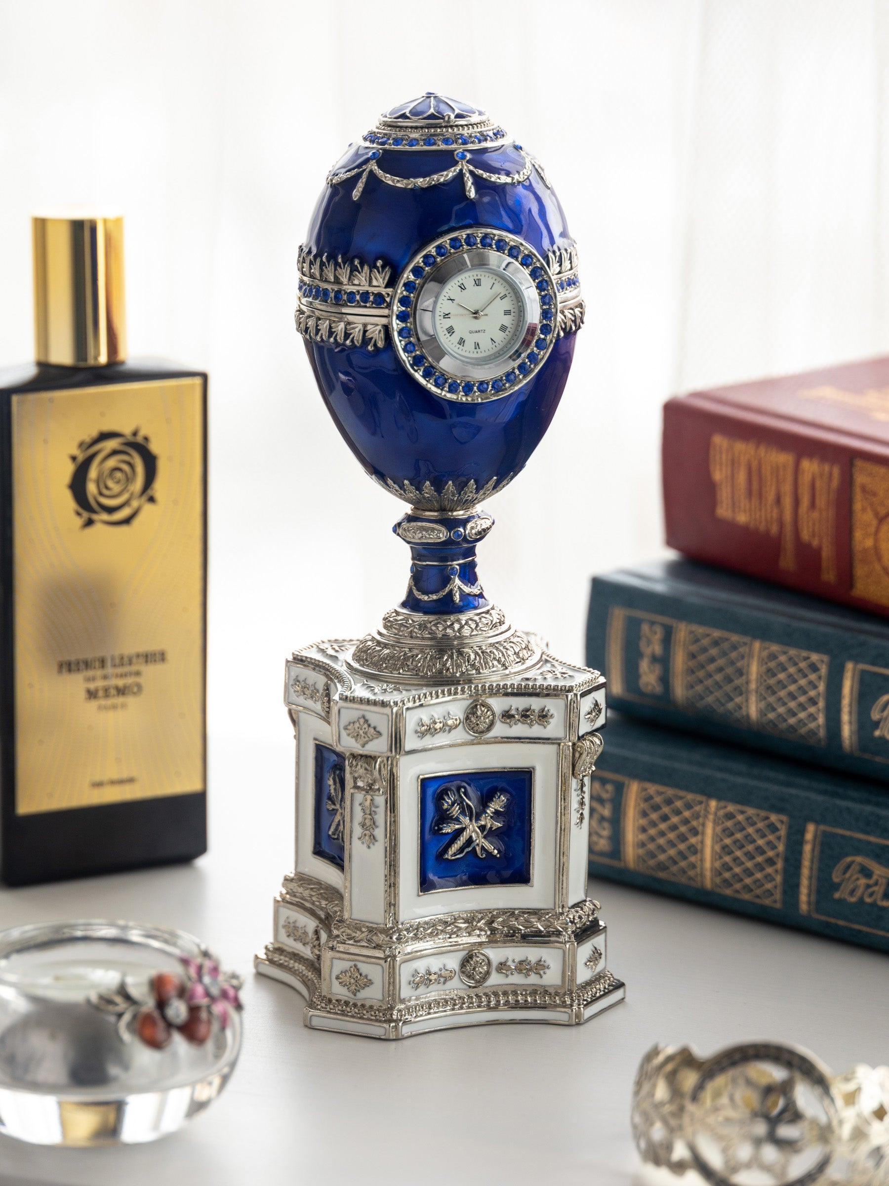 Blue Faberge Egg with a Pearl and a Clock