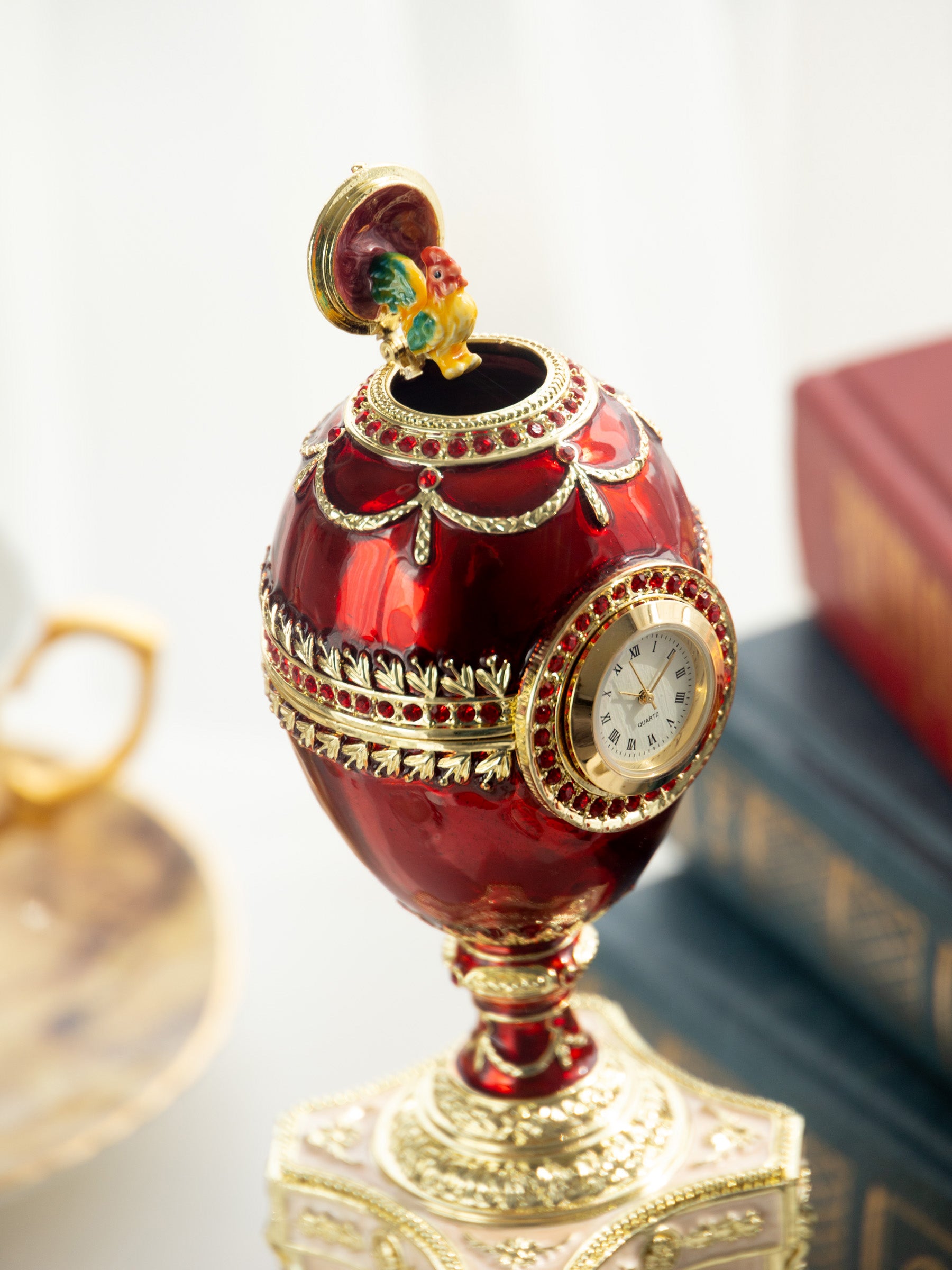 Red Faberge Egg with a Pearl and a Clock