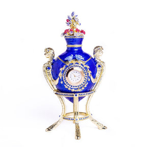 Blue Decorated Faberge Egg with Clock Easter Egg Keren Kopal