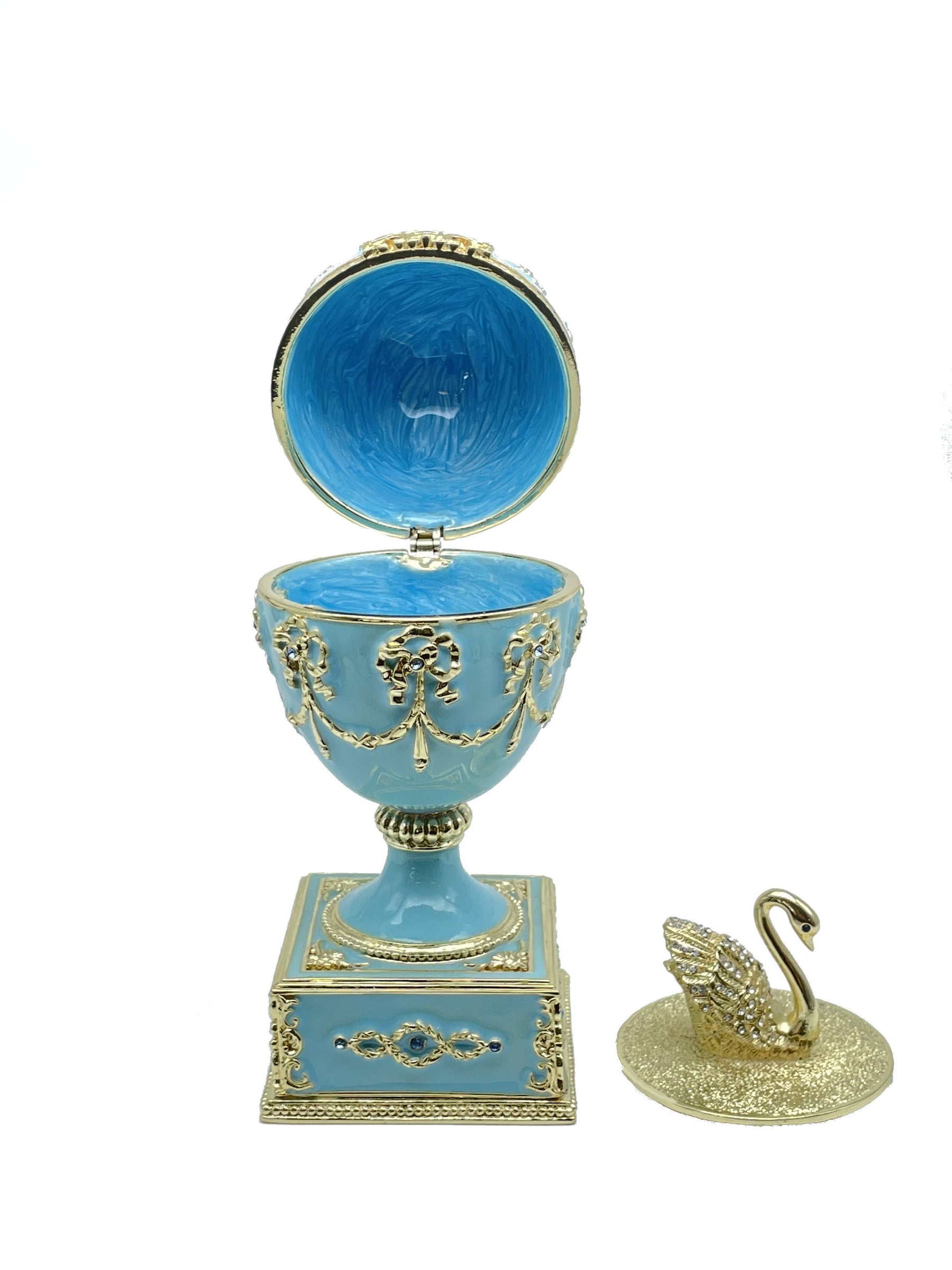 Turquoise Faberge Egg with Swan Inside Easter Egg Keren Kopal