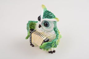 Keren Kopal Green Owl Playing Accordion Trinket Box  84.00