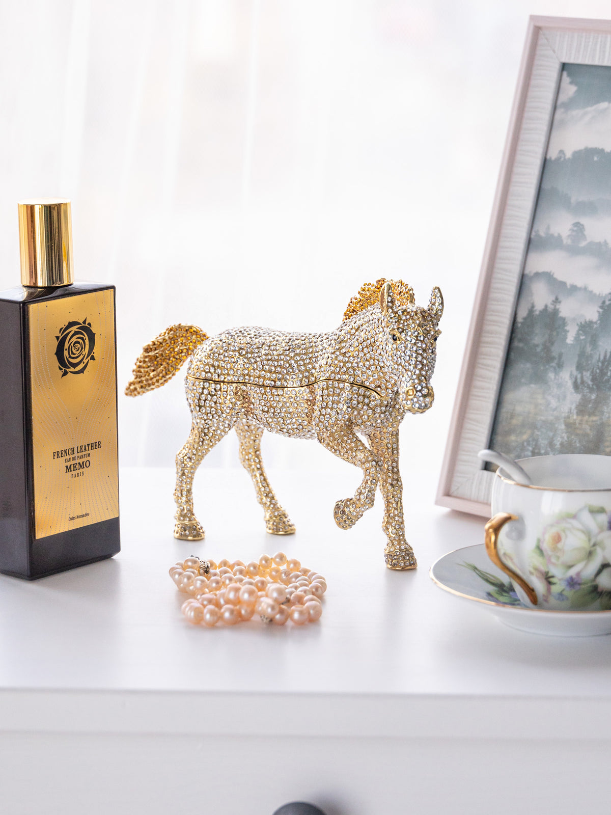 Large Golden Horse Decorated with White Crystals