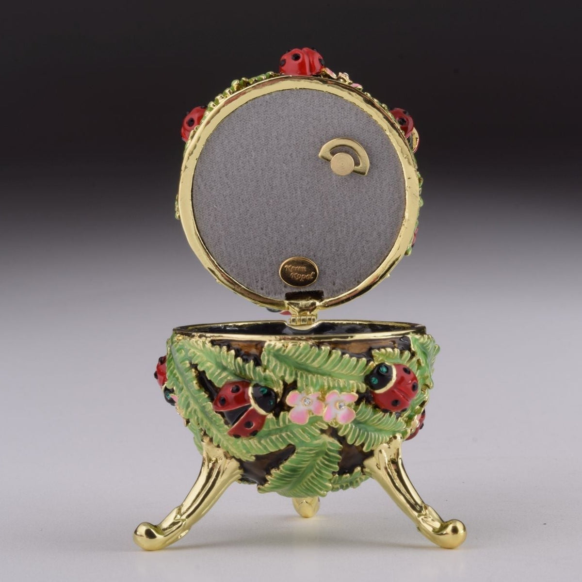 Green Music Playing Faberge Egg with Ladybird Beetles Ladybugs Music Box Keren Kopal