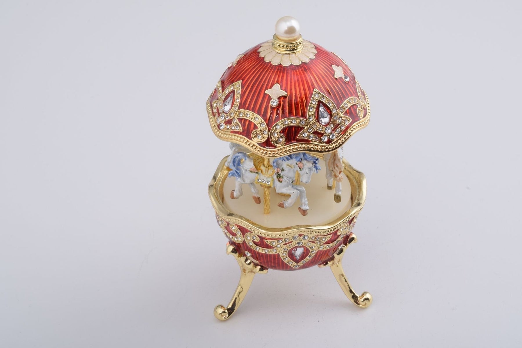 Red Wind up Horse Carousel Faberge Style Egg  Keren Kopal